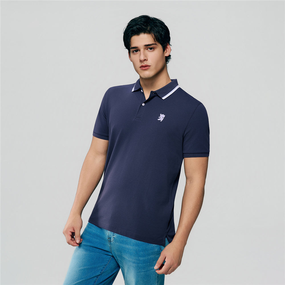 Men Slim Fit Cotton Lycra Pique Flat Knit Collar Embroidered Solid Polo