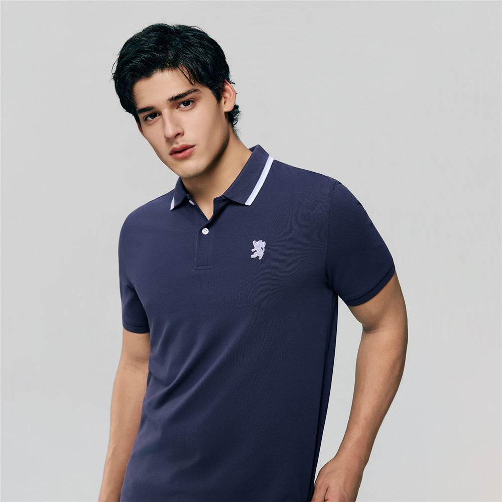 Men Slim Fit Cotton Lycra Pique Flat Knit Collar Embroidered Solid Polo