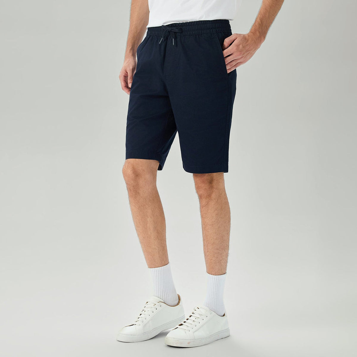 Men's Slim Fit Elastic Waist Bermuda Cotton Twill Mid Rise