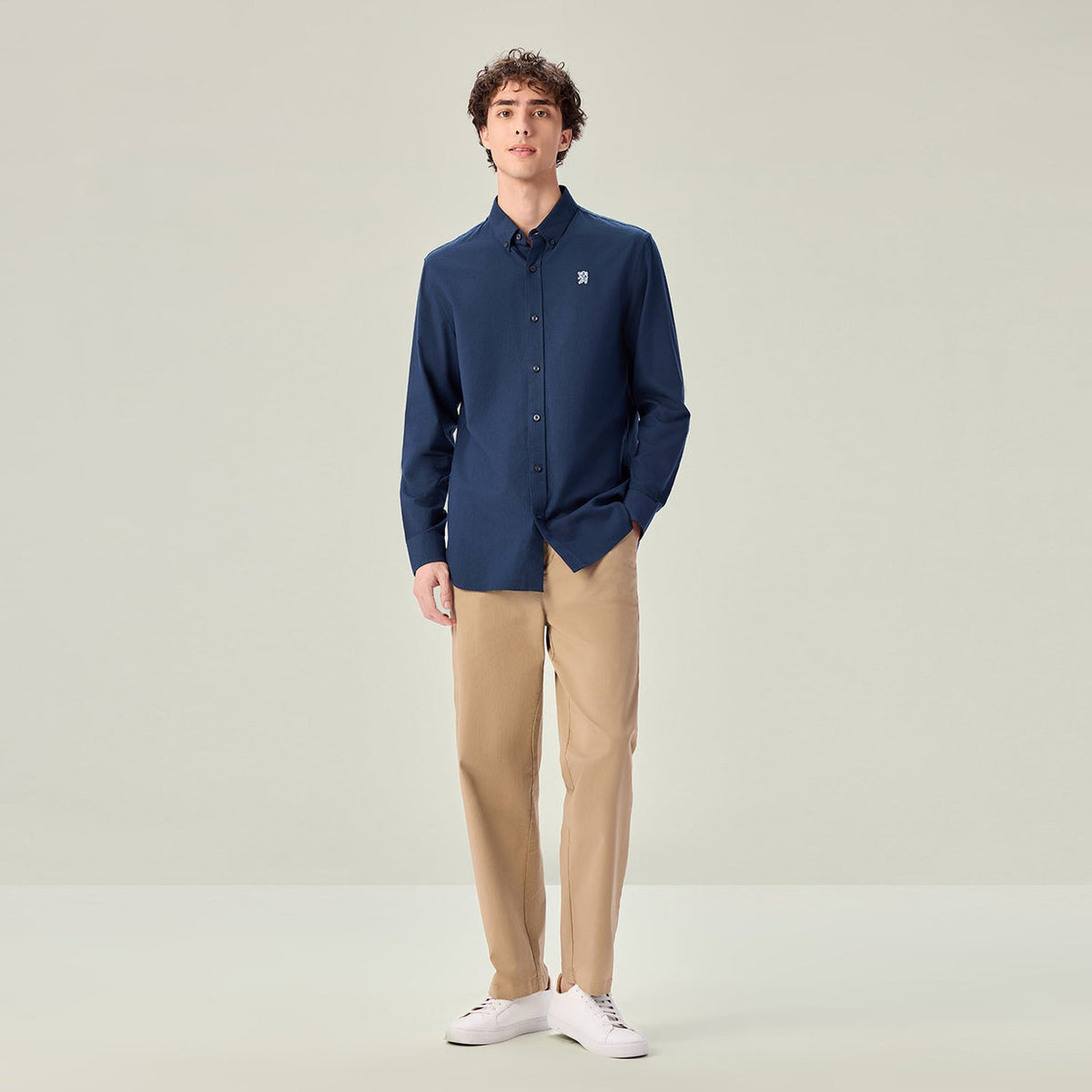 Men's Long Sleeve Slim Fit Cotton Lion Embroidered Oxford Shirt