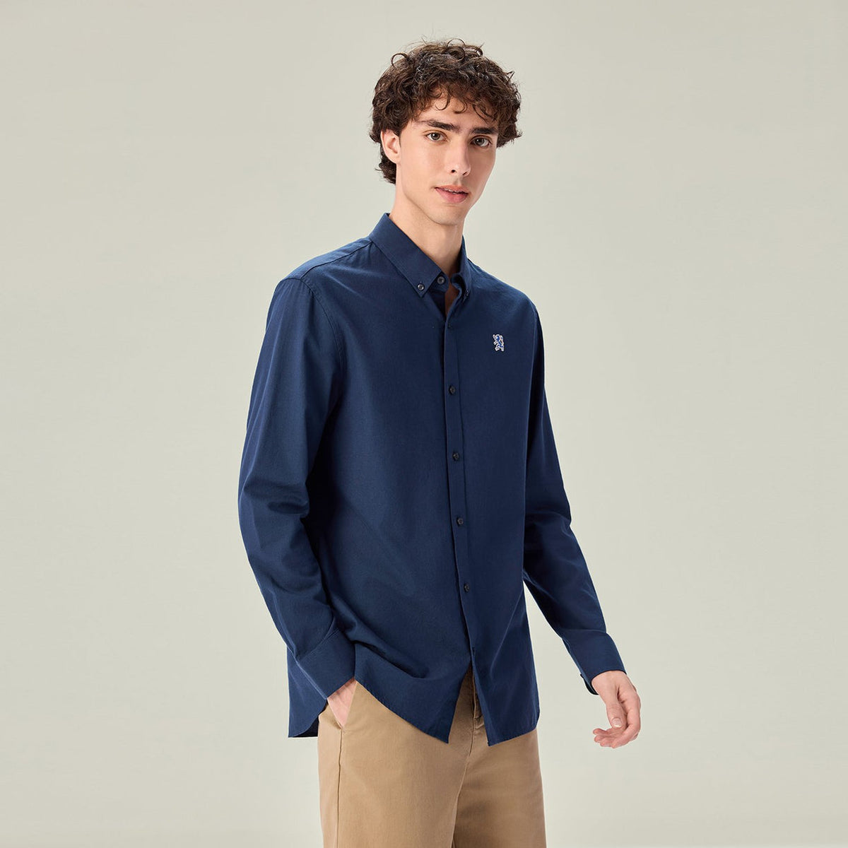 Men's Long Sleeve Slim Fit Cotton Lion Embroidered Oxford Shirt