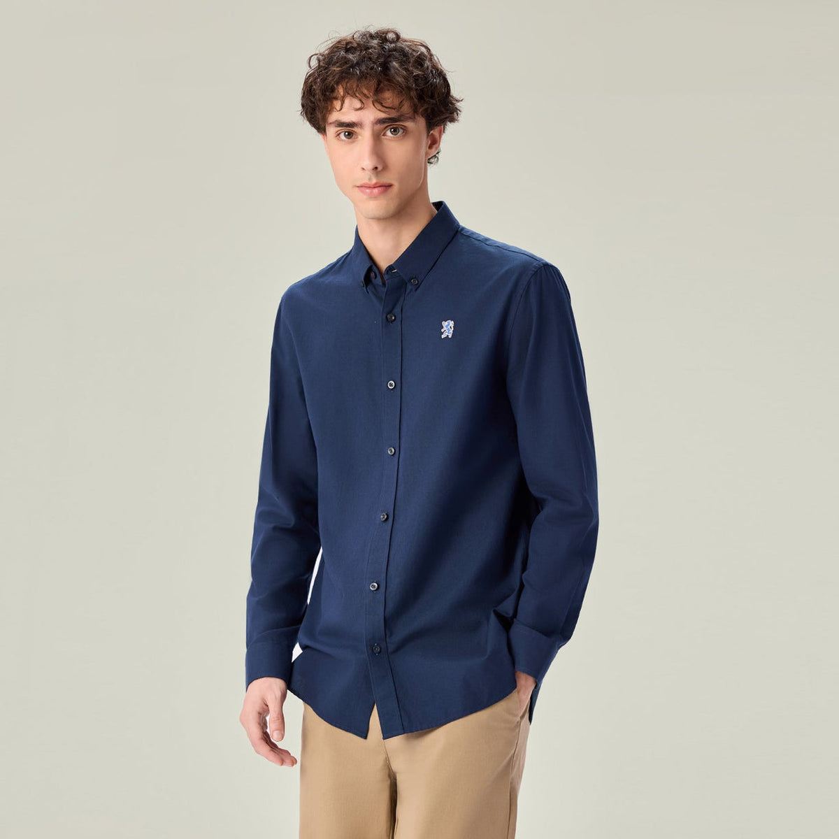 Men's Long Sleeve Slim Fit Cotton Lion Embroidered Oxford Shirt