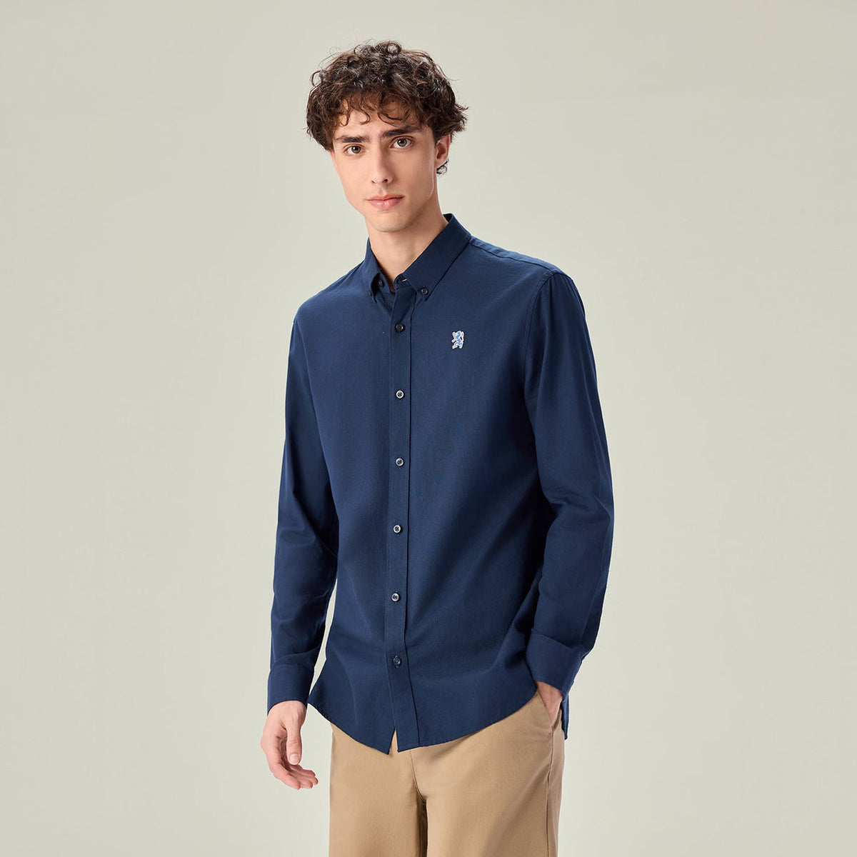 Men's Long Sleeve Slim Fit Cotton Lion Embroidered Oxford Shirt