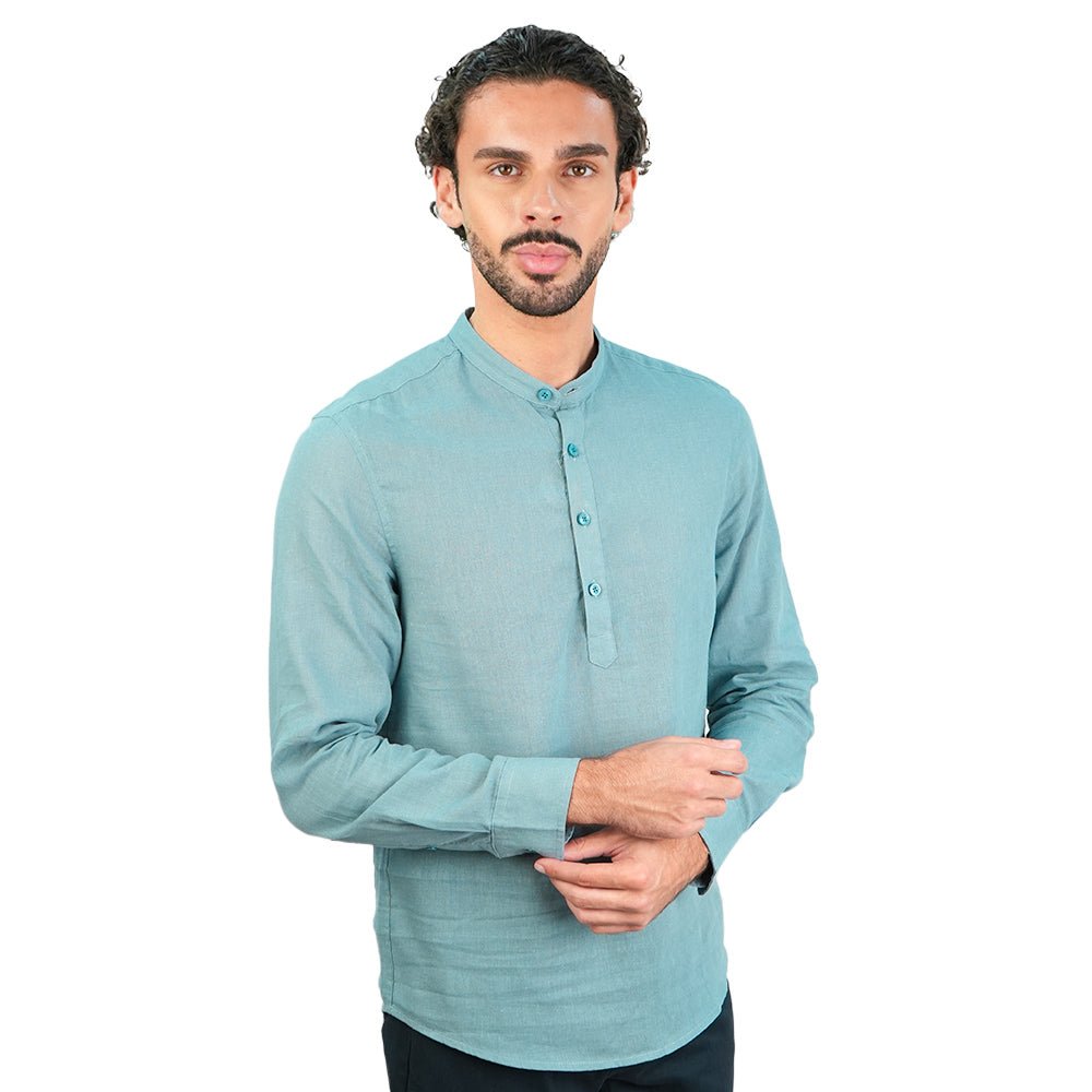 Men's Slim Linen Cotton Band Collar Shirt