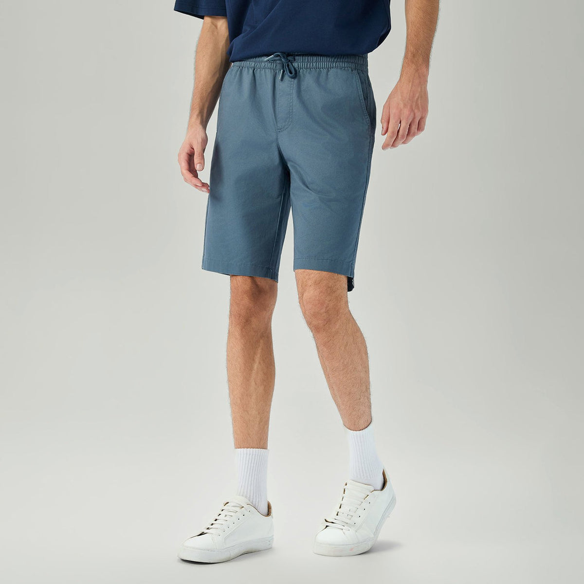 Men's Slim Fit Elastic Waist Bermuda Cotton Twill Mid Rise