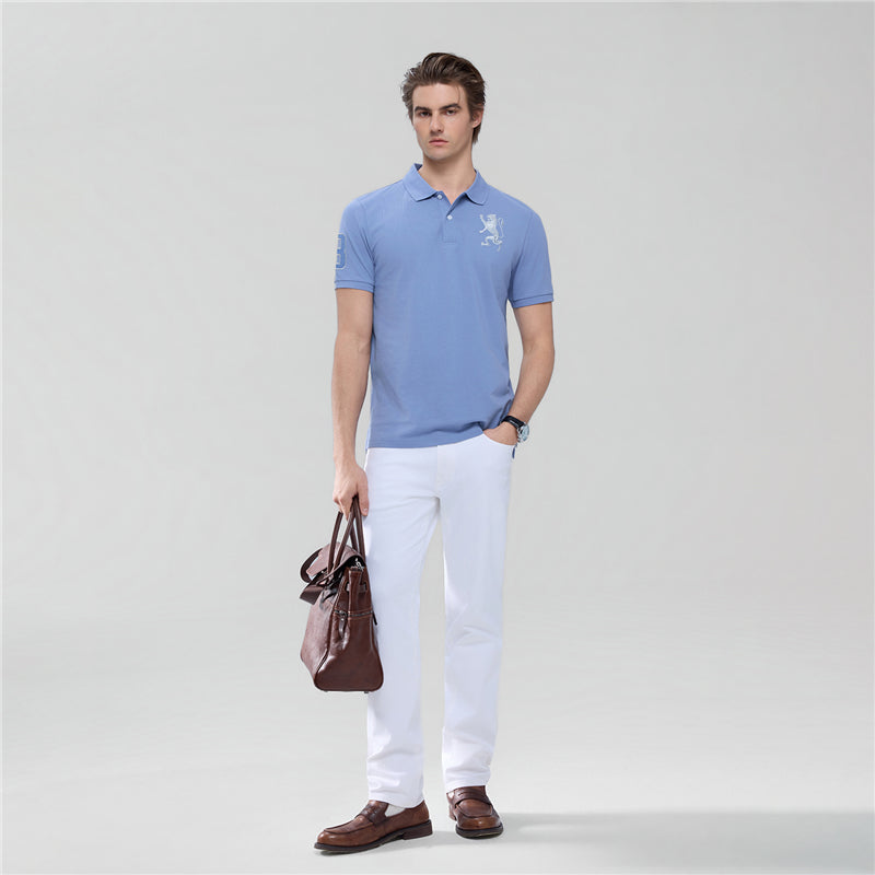 Men's Slim Fit 3D Lion Embroidery Lycra Pique Polo