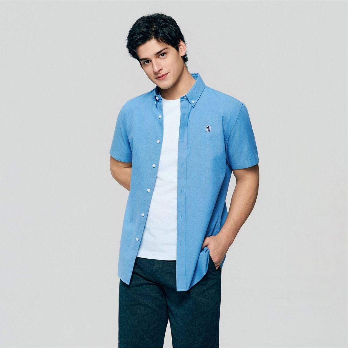 Men's Cotton Oxford Slim Fit Short-Sleeve Shirt with Embroidery