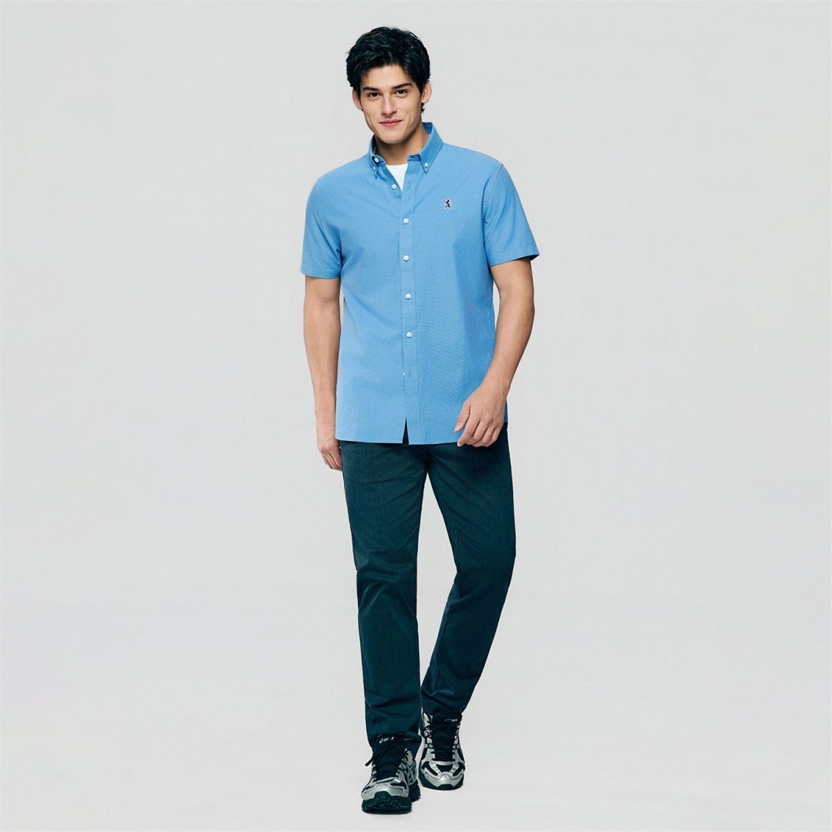 Men's Cotton Oxford Slim Fit Short-Sleeve Shirt with Embroidery