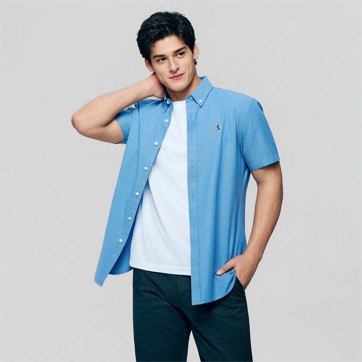 Men's Cotton Oxford Slim Fit Short-Sleeve Shirt with Embroidery