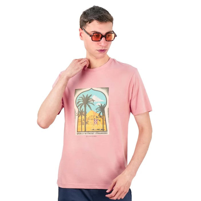 تي شيرت رجالي مطبوع عليه عبارة "عالم بلا غرباء" - قصة ضيقة، رقبة دائرية، قطن