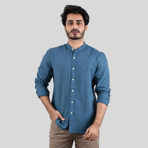 Men's Linen Cotton Band Collar Shirt