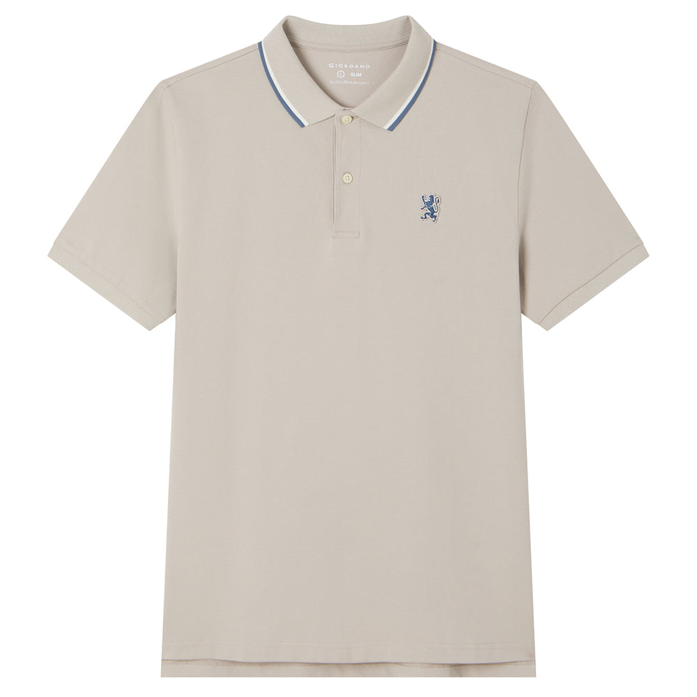 Men Slim Fit Cotton Lycra Pique Flat Knit Collar Embroidered Solid Polo