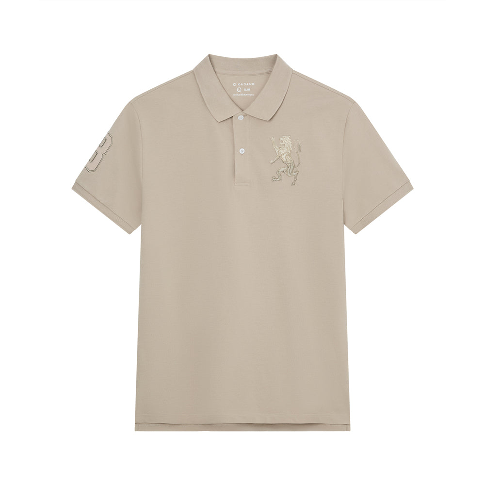 Men's Slim Fit 3D Lion Embroidery Lycra Pique Polo