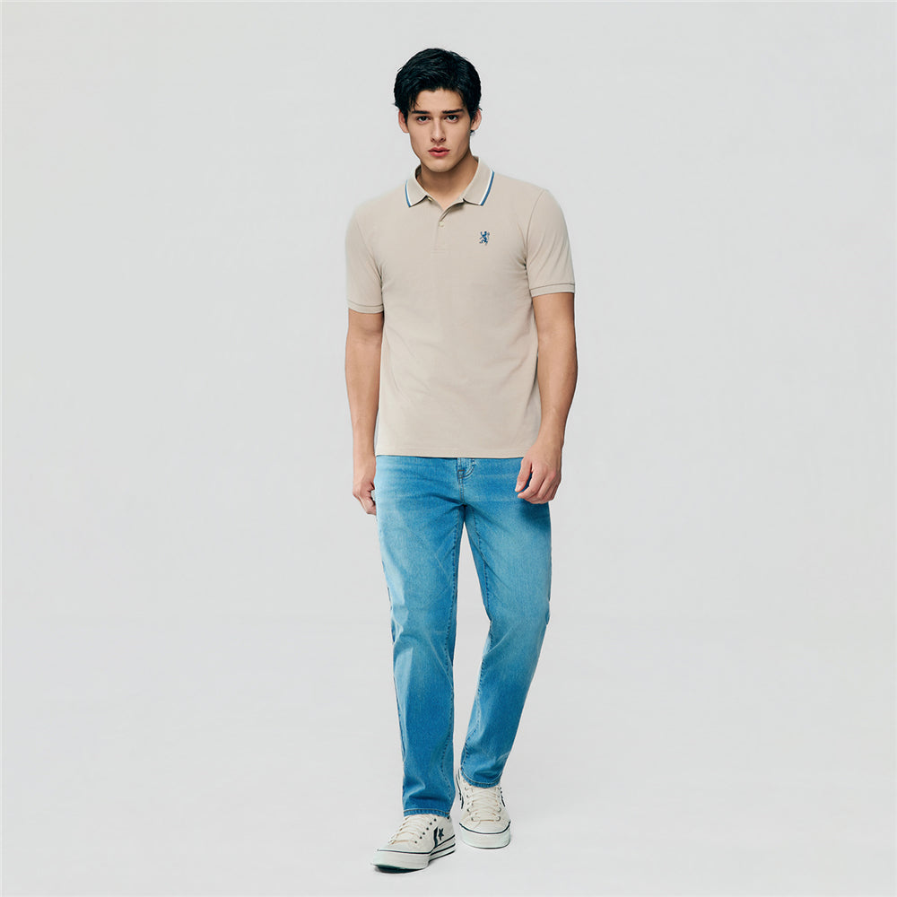 Men Slim Fit Cotton Lycra Pique Flat Knit Collar Embroidered Solid Polo