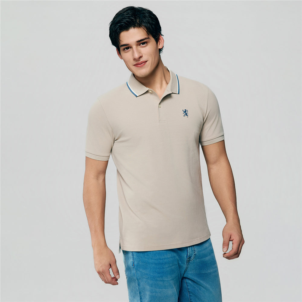 Men Slim Fit Cotton Lycra Pique Flat Knit Collar Embroidered Solid Polo