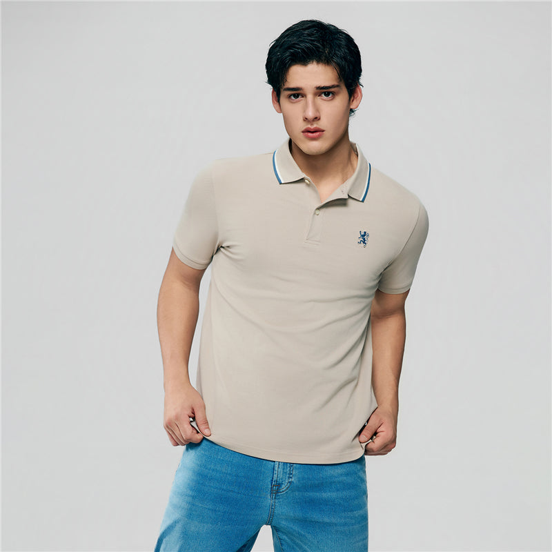 Men Slim Fit Cotton Lycra Pique Flat Knit Collar Embroidered Solid Polo