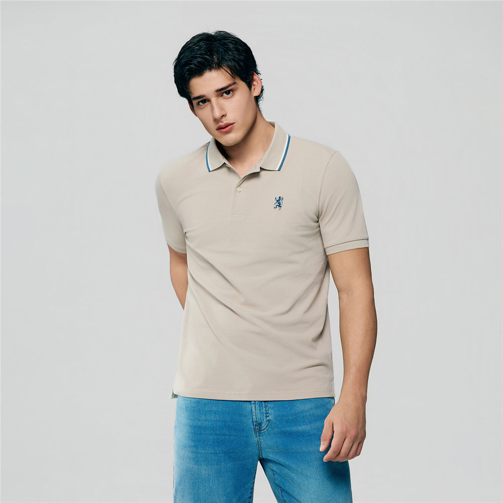 Men Slim Fit Cotton Lycra Pique Flat Knit Collar Embroidered Solid Polo