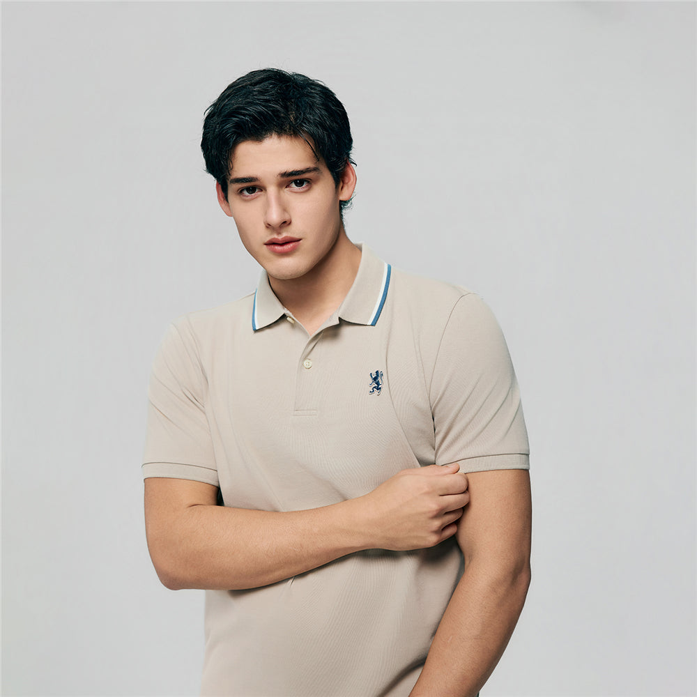 Men Slim Fit Cotton Lycra Pique Flat Knit Collar Embroidered Solid Polo