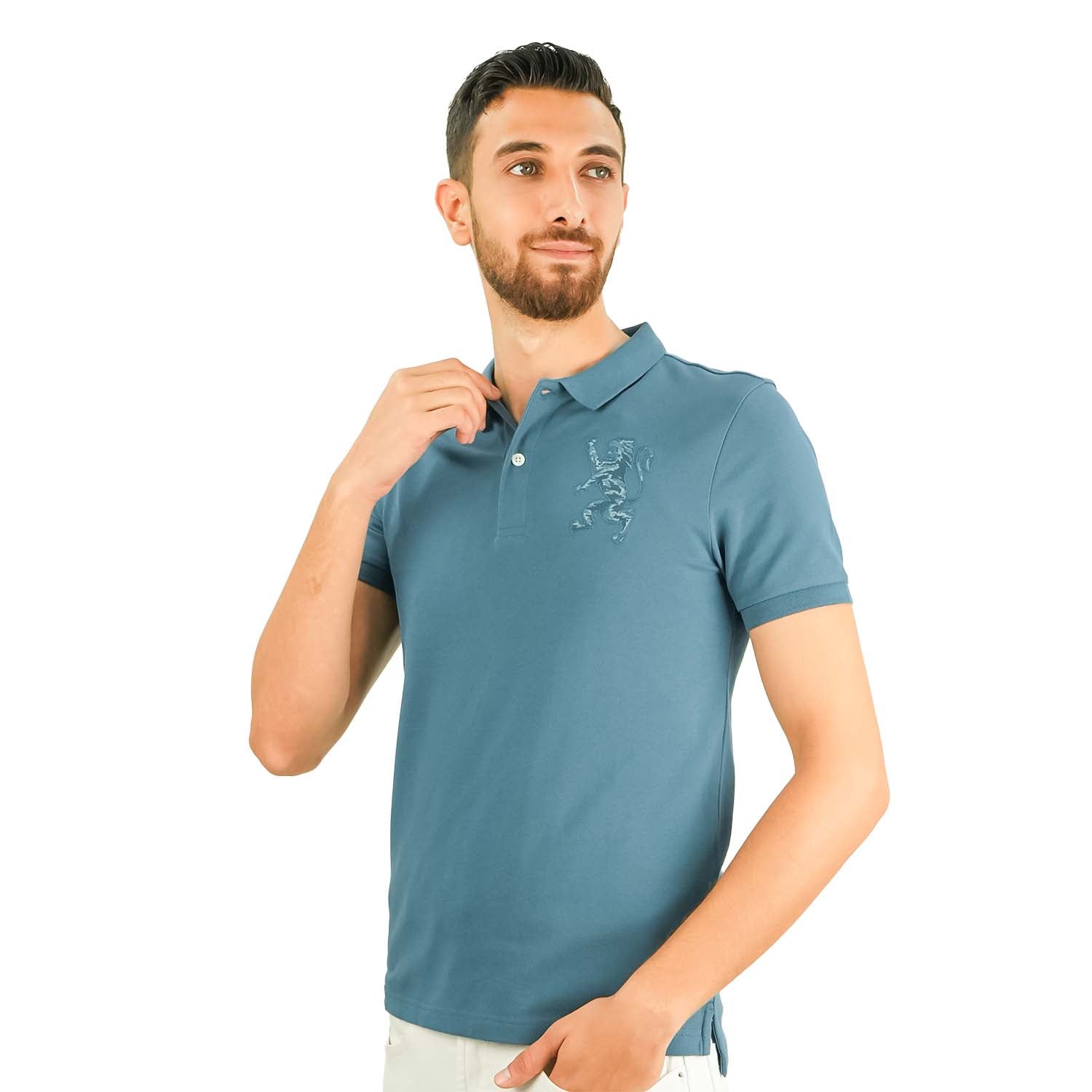 Men's 3D Lion Polo: Slim Fit, Bold Embroidery, Premium Pique