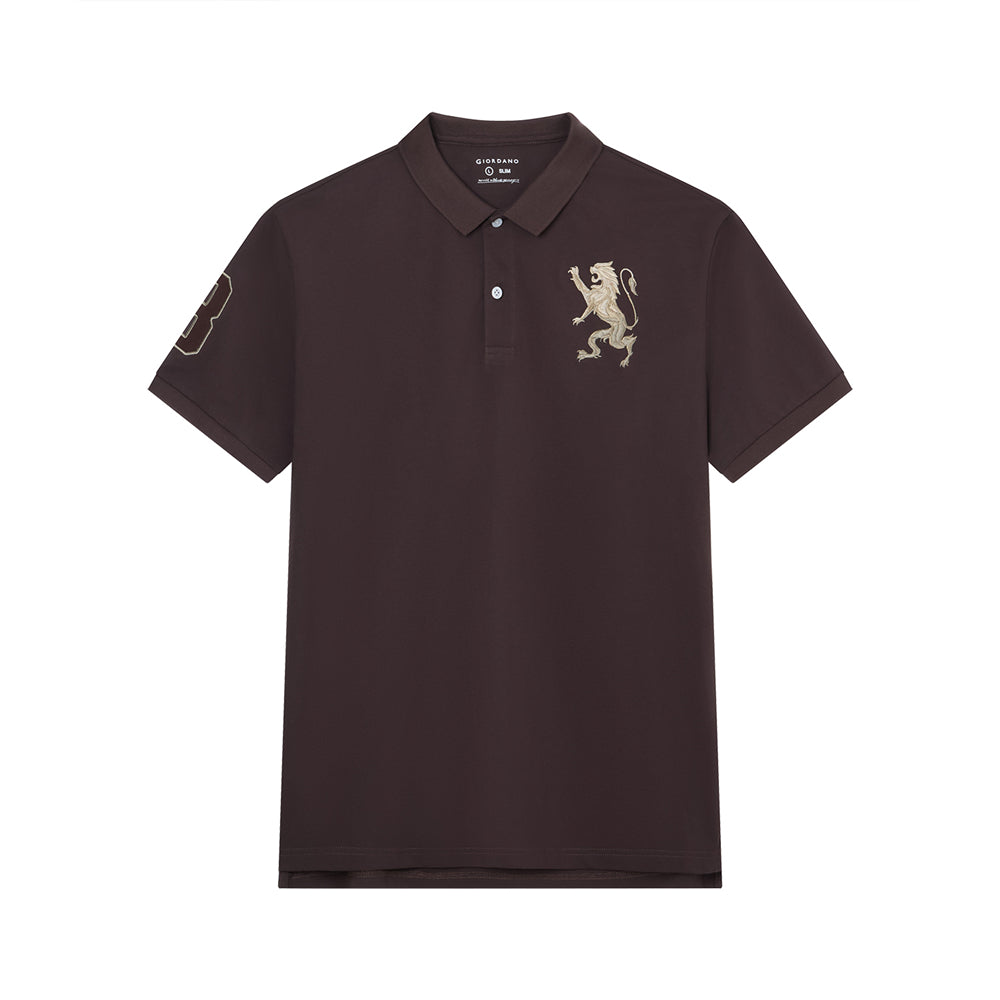 Men's Slim Fit 3D Lion Embroidery Lycra Pique Polo