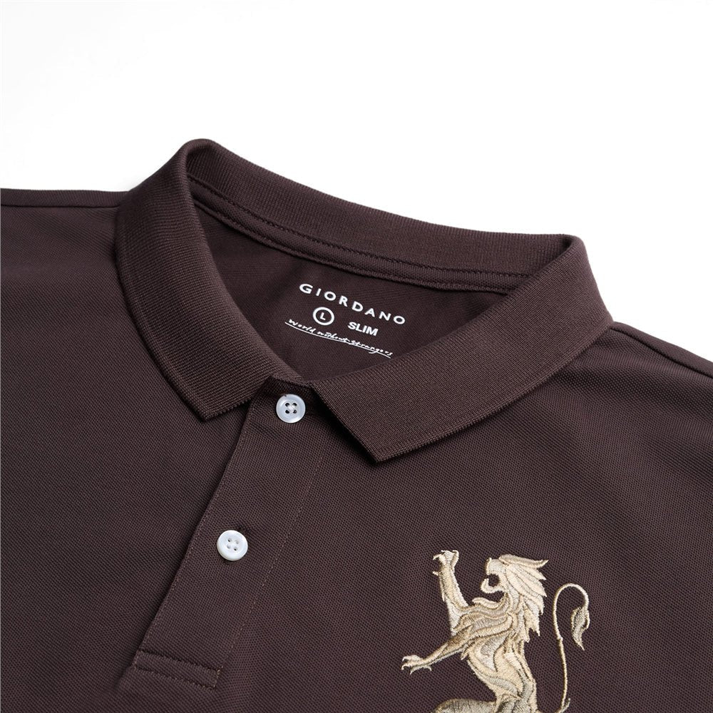 Men’s Slim Fit 3D Lion Embroidery Lycra Pique Polo