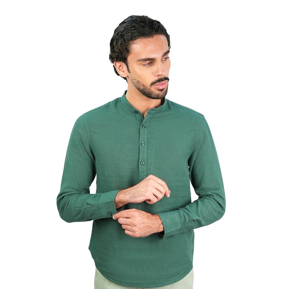 Men's Slim Linen Cotton Band Collar Shirt