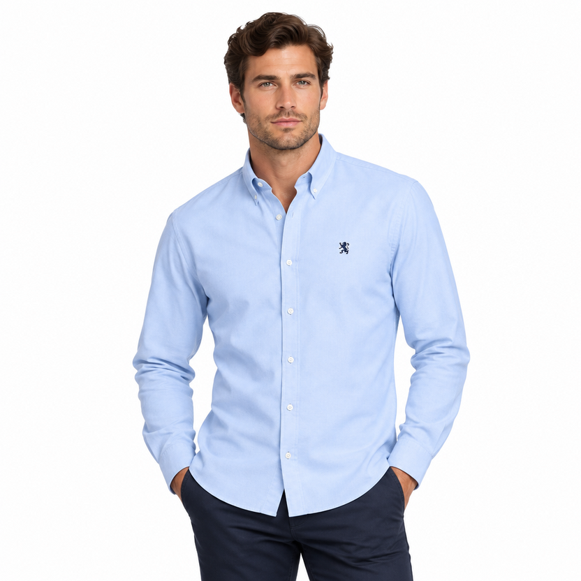 Men's Long Sleeve Slim Fit Cotton Lion Embroidered Oxford Shirt