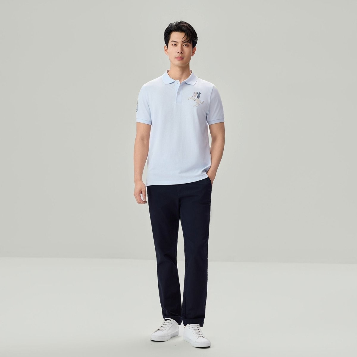 Men's Slim Fit Cotton Lycra Pique Flat Knit Collar SS Embroidery Bold Polo