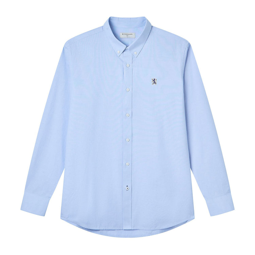Men's Long Sleeve Slim Fit Cotton Lion Embroidered Oxford Shirt