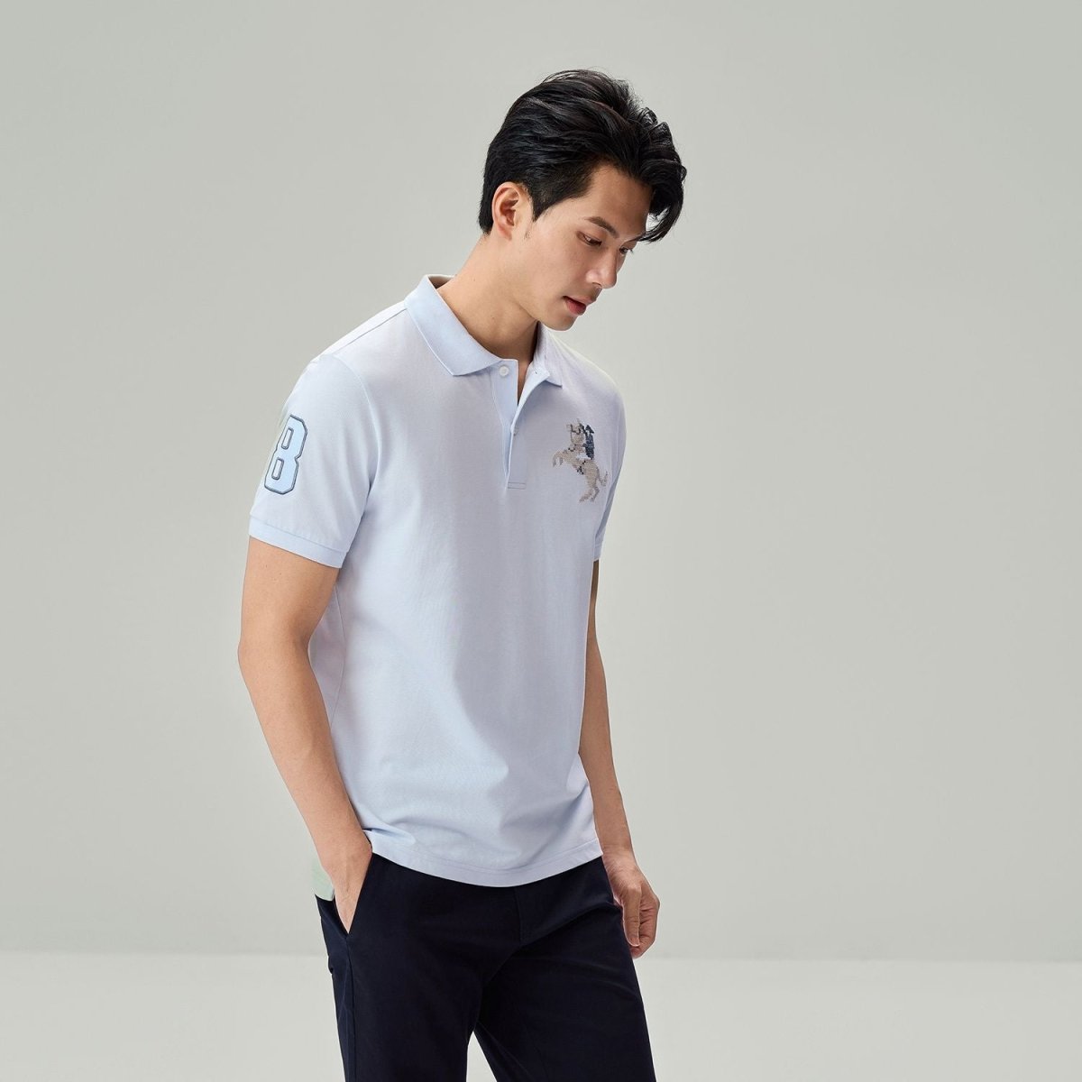 Men's Slim Fit Cotton Lycra Pique Flat Knit Collar SS Embroidery Bold Polo