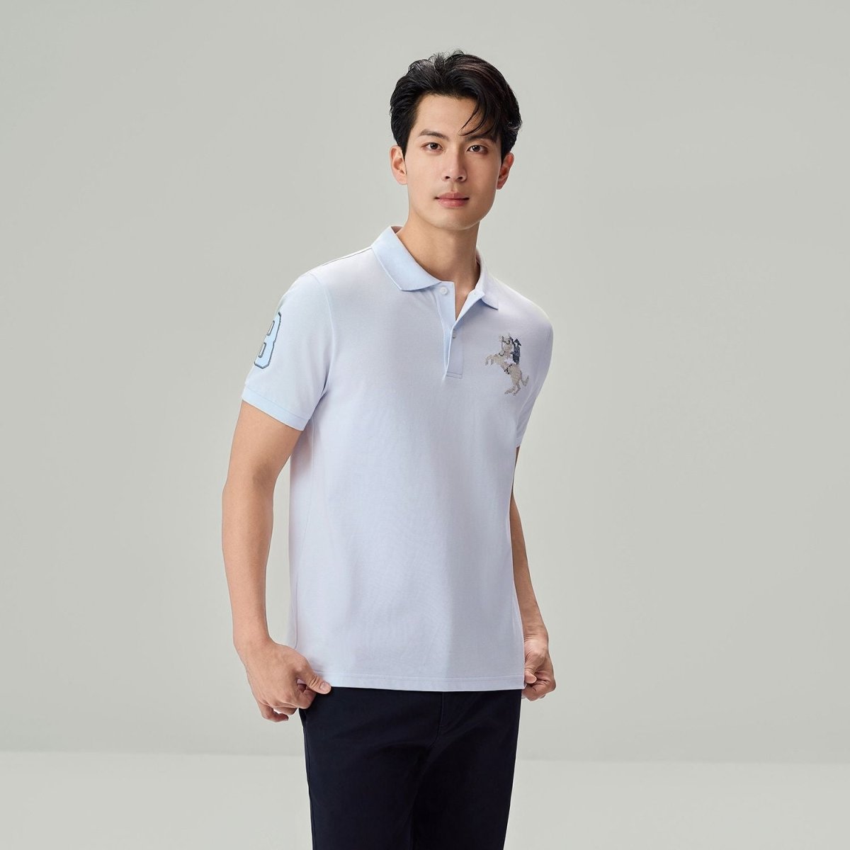 Men's Slim Fit Cotton Lycra Pique Flat Knit Collar SS Embroidery Bold Polo