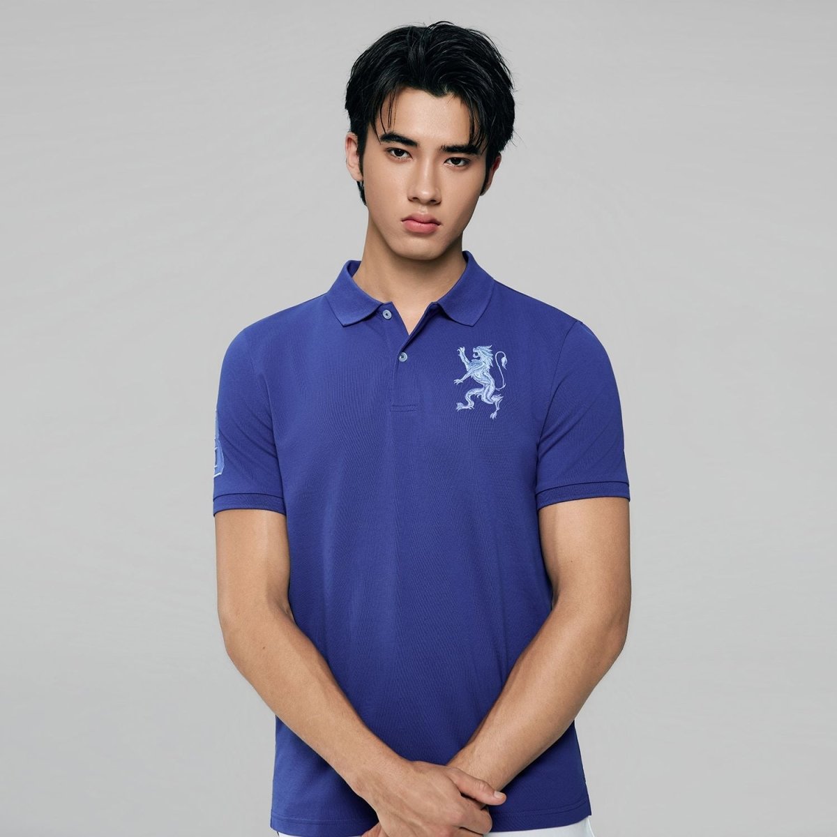 Men's Slim Fit 3D Lion Embroidery Lycra Pique Polo