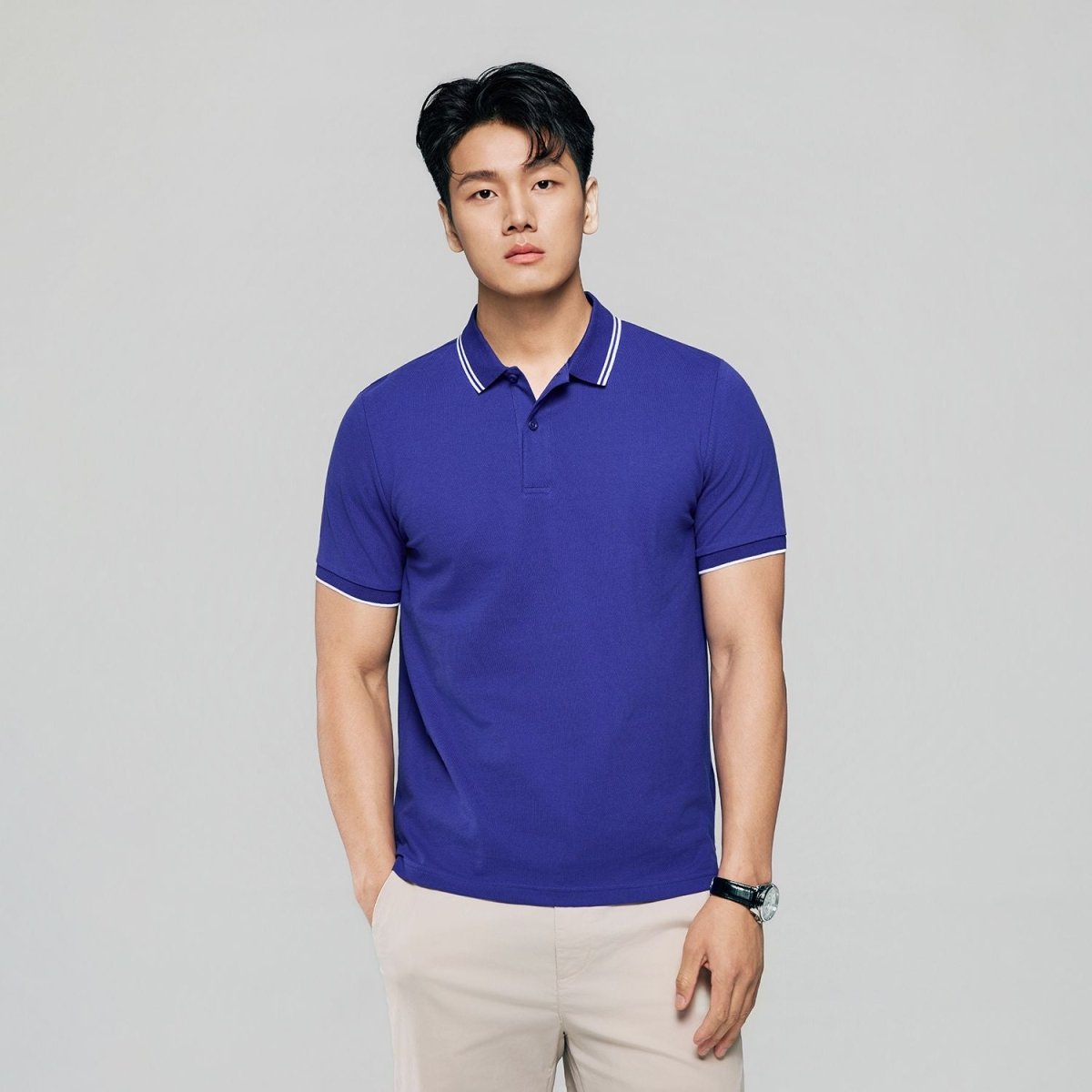 Men's Slim Pique Cotton Lycra Solid Polo with Flat Knit Collar