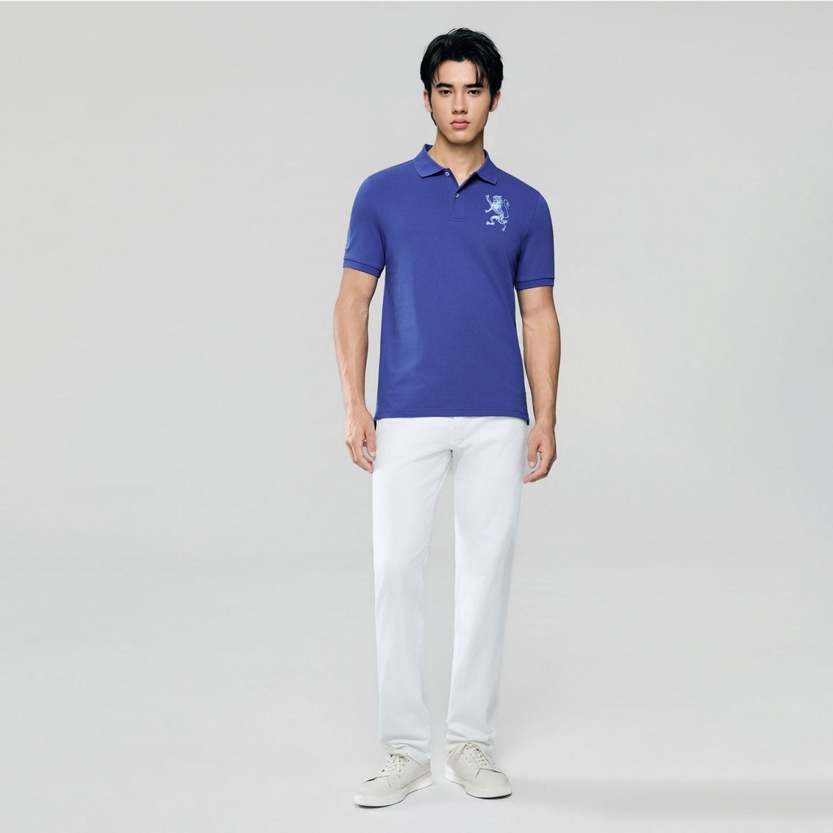 Men's Slim Fit 3D Lion Embroidery Lycra Pique Polo