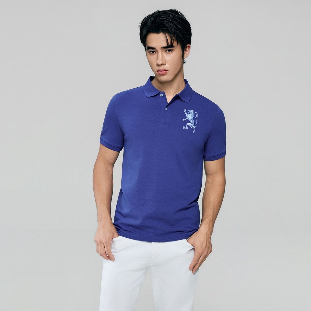 Men's Slim Fit 3D Lion Embroidery Lycra Pique Polo
