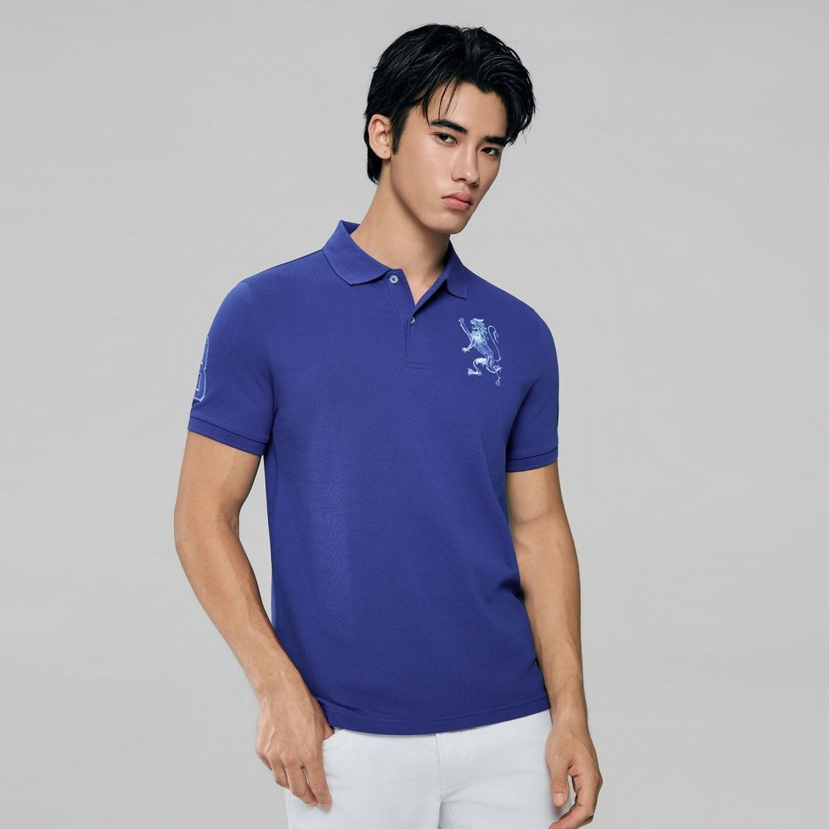 Men's Slim Fit 3D Lion Embroidery Lycra Pique Polo