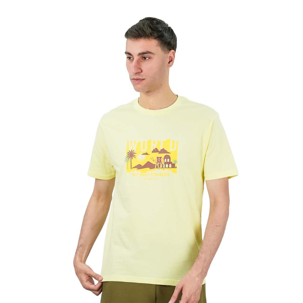 تي شيرت رجالي مطبوع عليه عبارة "عالم بلا غرباء" - قصة ضيقة، رقبة دائرية، قطن