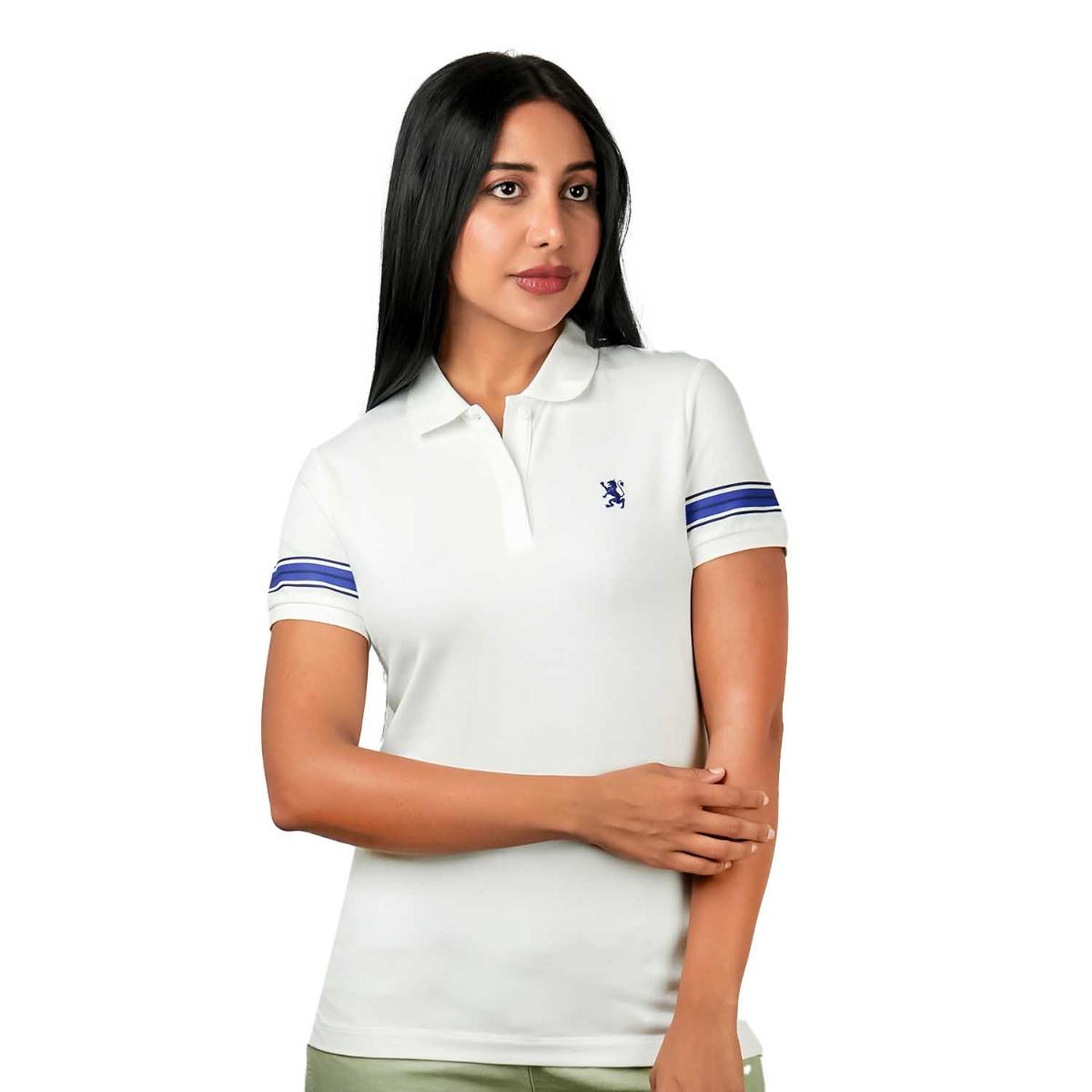 قميص بولو نسائي من القطن بيكيه مطرز بجرأة - قصة ضيقة، وأكمام قصيرة