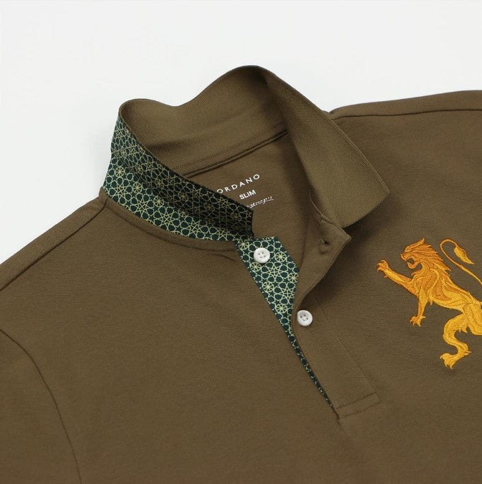 Men's 3D Lion Polo: Slim Fit, Bold Embroidery, Premium Pique