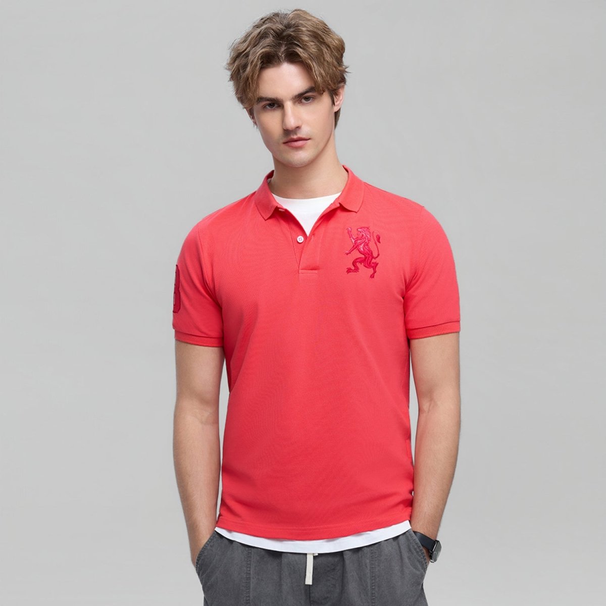 Men's Slim Fit 3D Lion Embroidery Lycra Pique Polo
