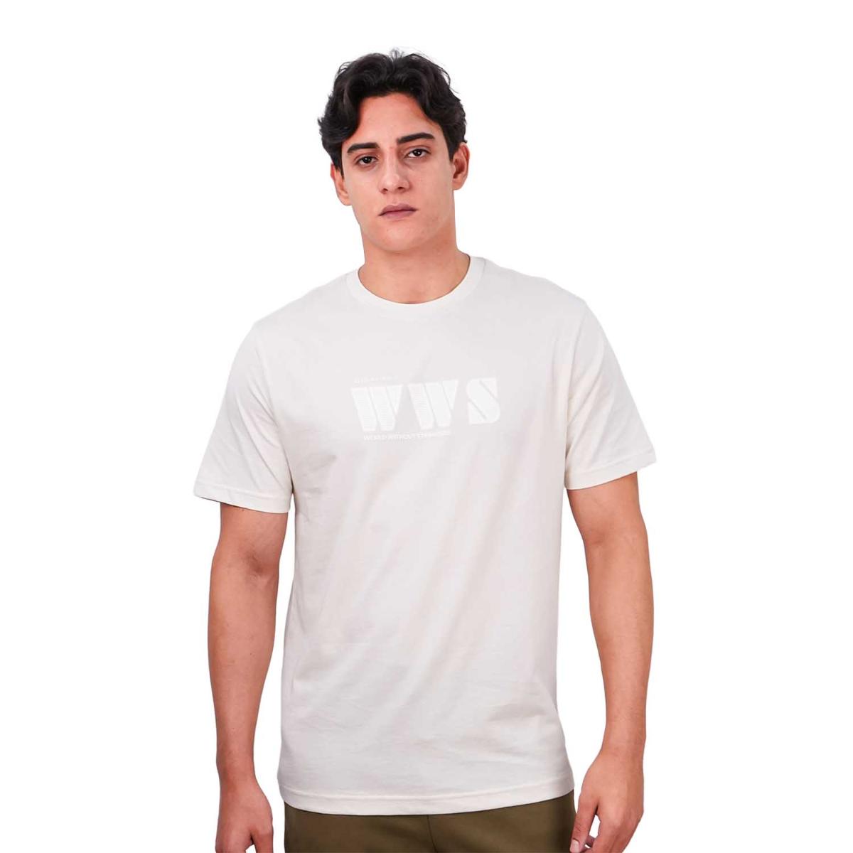 تي شيرت رجالي مطبوع عليه عبارة "عالم بلا غرباء" - قصة ضيقة، رقبة دائرية، قطن