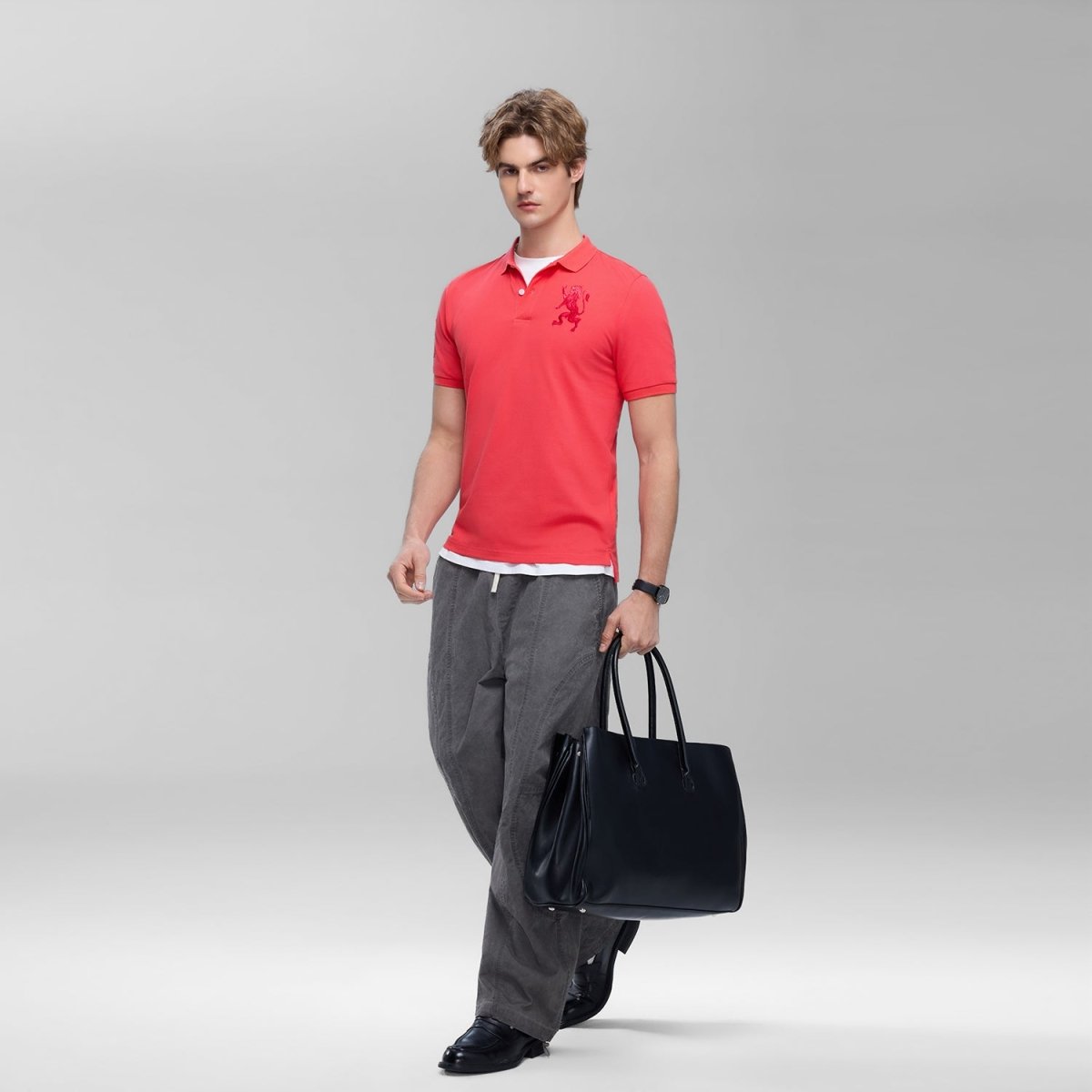 Men's Slim Fit 3D Lion Embroidery Lycra Pique Polo