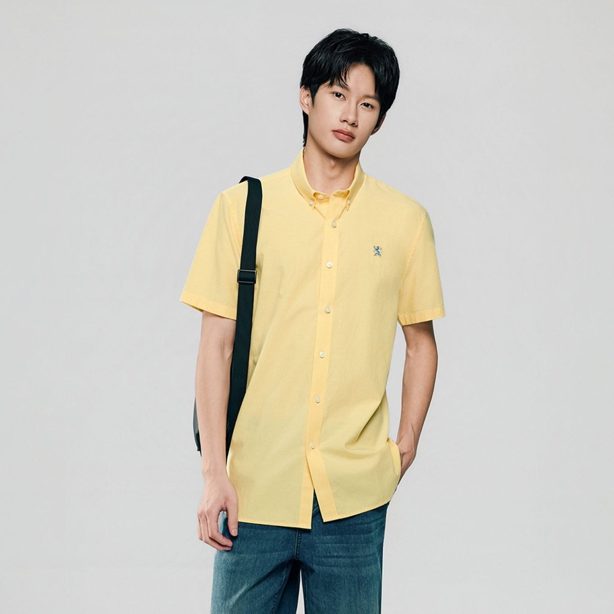 Men's Cotton Oxford Slim Fit Short-Sleeve Shirt with Embroidery