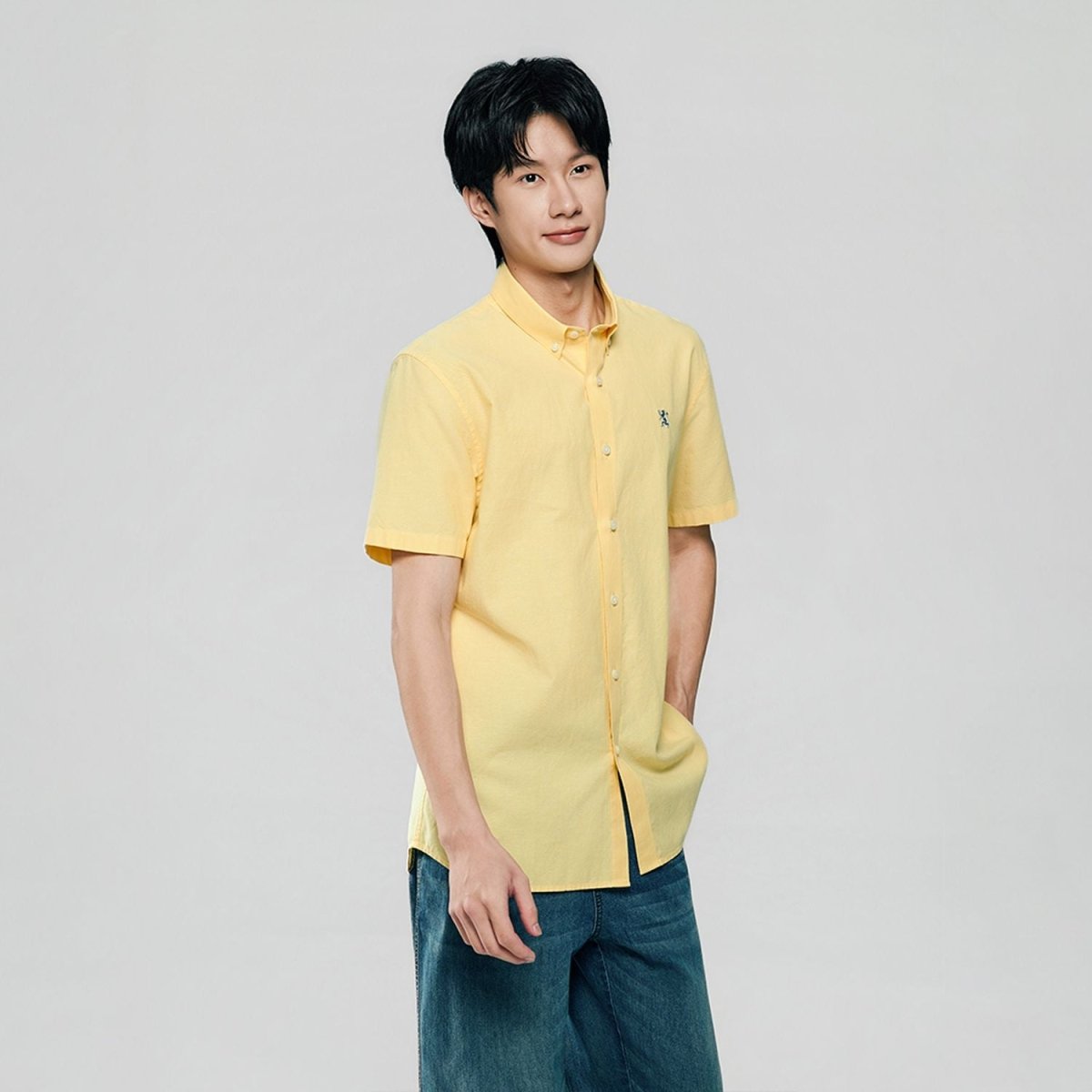 Men's Cotton Oxford Slim Fit Short-Sleeve Shirt with Embroidery