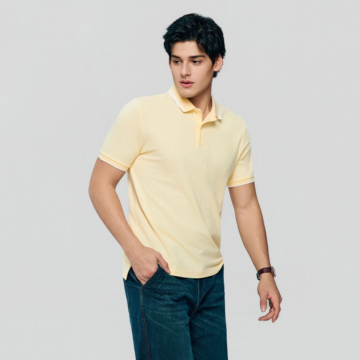 Men's Slim Pique Cotton Lycra Solid Polo with Flat Knit Collar