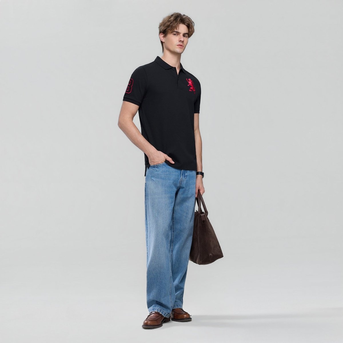 Men's Slim Fit 3D Lion Embroidery Lycra Pique Polo
