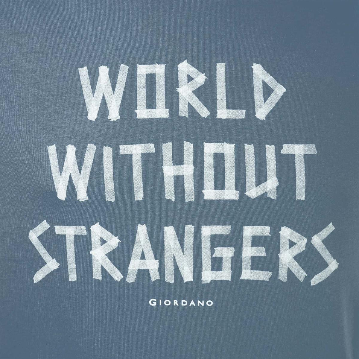 تي شيرت رجالي مطبوع عليه عبارة "عالم بلا غرباء" - قصة ضيقة، رقبة دائرية، قطن