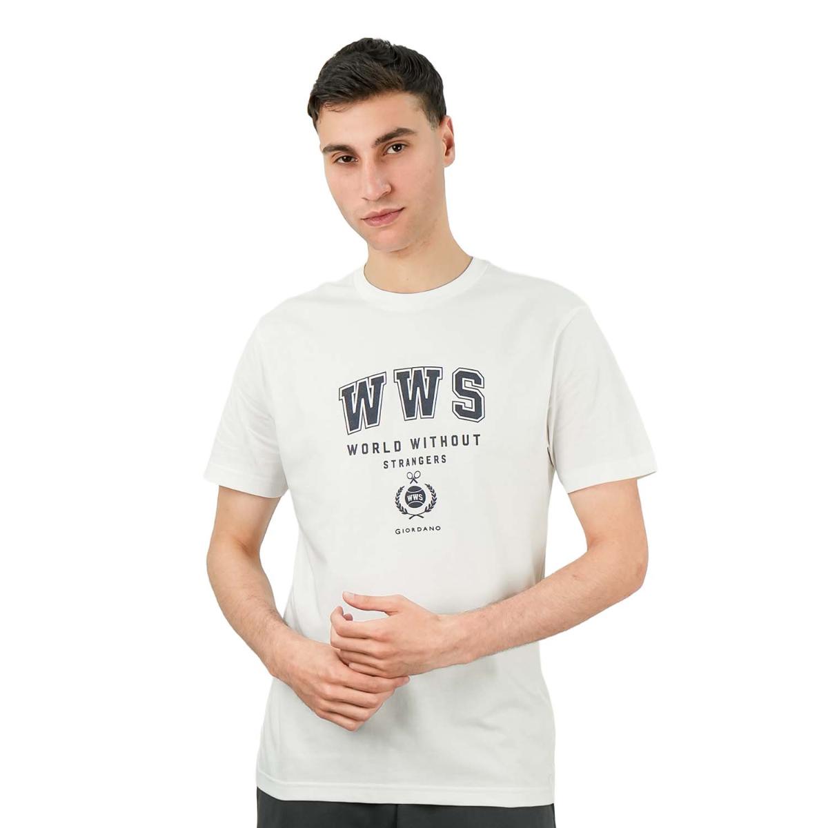 تي شيرت رجالي مطبوع عليه عبارة "عالم بلا غرباء" - قصة ضيقة، رقبة دائرية، قطن