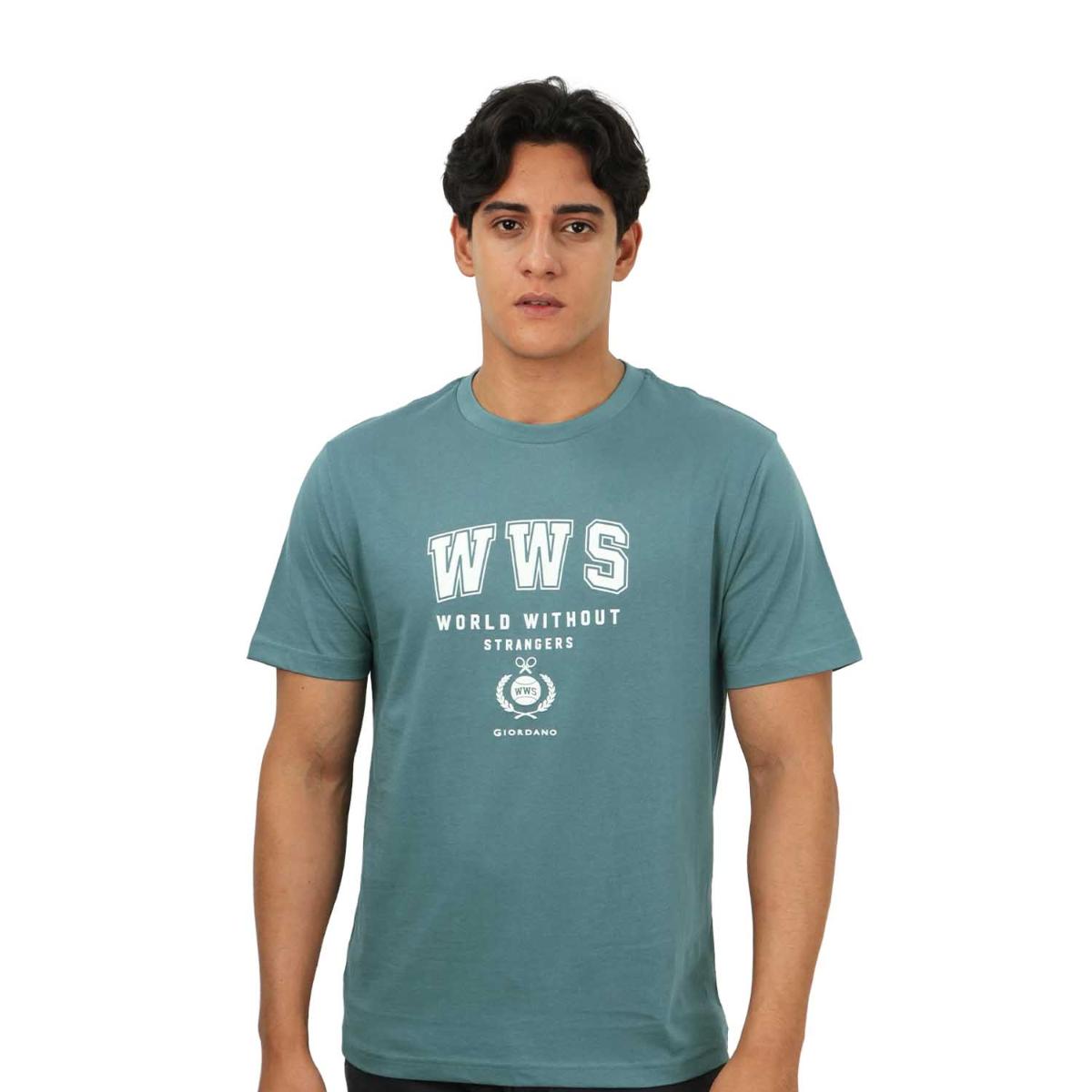 تي شيرت رجالي مطبوع عليه عبارة "عالم بلا غرباء" - قصة ضيقة، رقبة دائرية، قطن