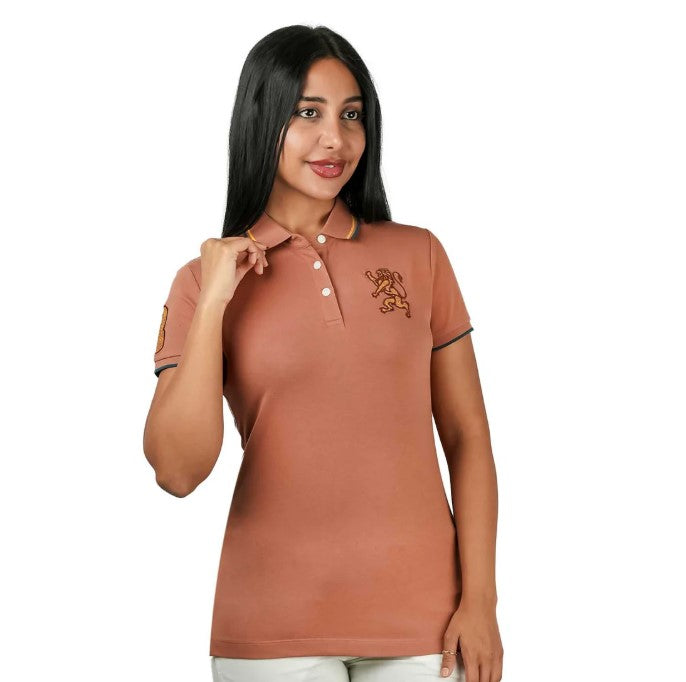قميص بولو نسائي من القطن والليكرا بتطريز أسد ثلاثي الأبعاد